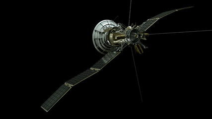 Telecommunication Satellite flying with solar panels reflecting Earth in mirror and isolation path included in illustration