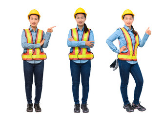 Collection set of female worker with Protection Equipment pointing on copy space, isolated