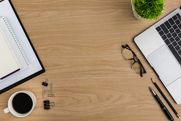 Top view Wood office desk table. Flat lay Workspace