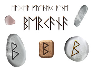 Set of berkana magic german runes Elder Futhark on wooden block and stones isolated on white background