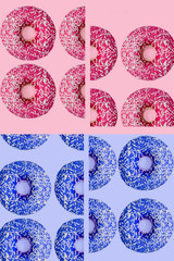 Donuts with icing on pastel pink background.