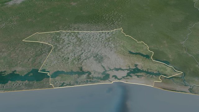 Abidjan, autonomous district with its capital, zoomed and extruded on the satellite map of C&ocirc;te d'Ivoire in the conformal Stereographic projection. Animation 3D