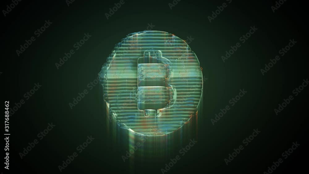 Poster 3d rendering glowing hologram of symbol of bitcoin as coin distorted glitch green old tv screen on b