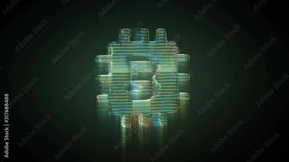 Poster 3d rendering glowing hologram of symbol of bitcoin as computer chip distorted glitch green old tv sc