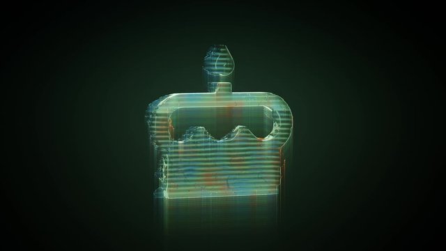 3d rendering glowing hologram of symbol of birthday cake with candle and topping distorted glitch green old tv screen on black background