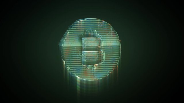 3d rendering glowing hologram of symbol of bitcoin as coin distorted glitch green old tv screen on black background