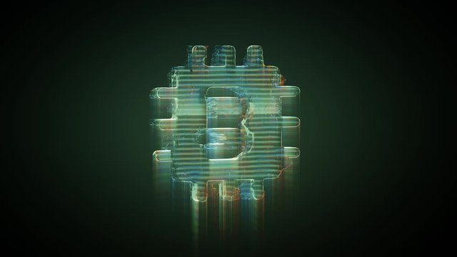 3d rendering glowing hologram of symbol of bitcoin as computer chip distorted glitch green old tv screen on black background