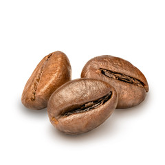 Three coffee beans isolated on white background. Dark roasted coffe grain. Macro, close up
