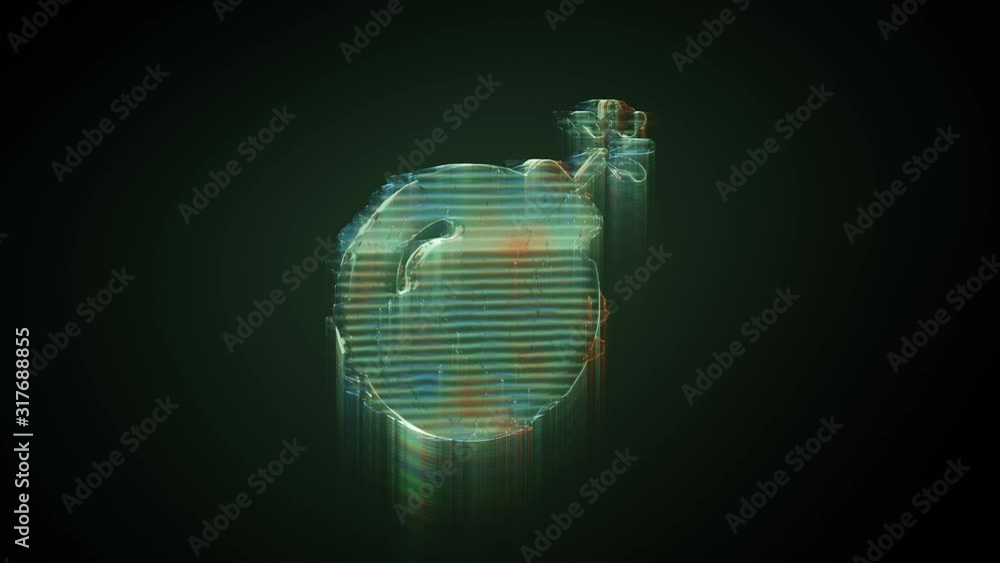 Poster 3d rendering glowing hologram of symbol of bomb with spark distorted glitch green old tv screen on b