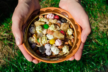 Man hands are holding a clay plate with assorted nuts and dried fruits, the concept of a healthy diet, on a background of grass