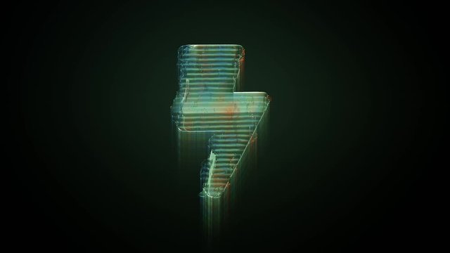 3d rendering glowing hologram of symbol of bolt of lightning distorted glitch green old tv screen on black background