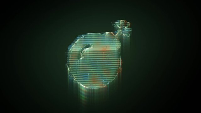 3d rendering glowing hologram of symbol of bomb with spark distorted glitch green old tv screen on black background