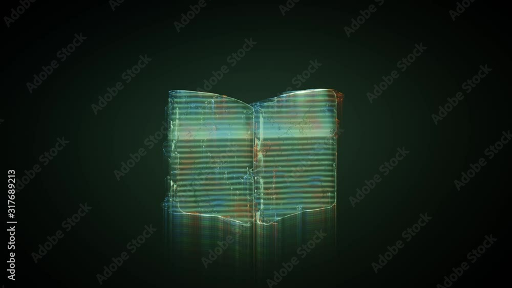 Poster 3d rendering glowing hologram of symbol of book open distorted glitch green old tv screen on black b