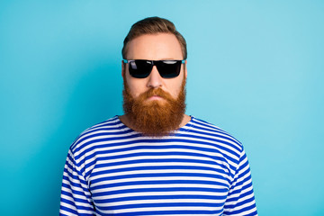 Obraz premium Close up photo of attractive charming man stare real life guard worker concept wear nautical outfit isolated over blue color background