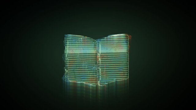 3d rendering glowing hologram of symbol of book open distorted glitch green old tv screen on black background
