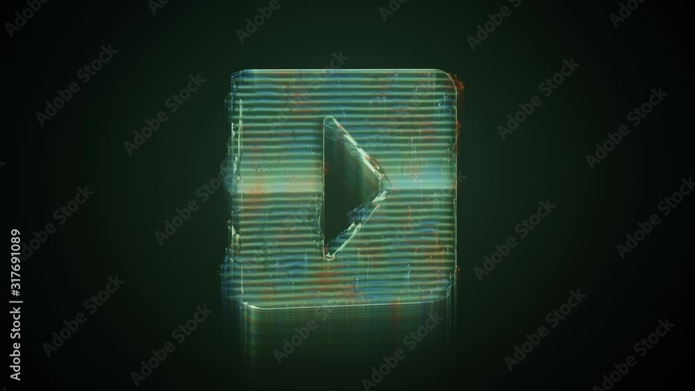 Poster 3d rendering glowing hologram of symbol of caret square right distorted glitch green old tv screen o
