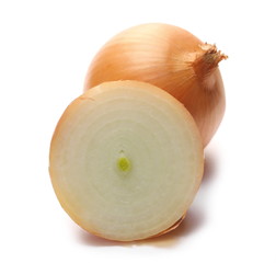 Onion bulb sliced in half isolated on white background