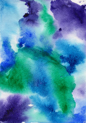  Illustration of watercolor stains. Watercolor. Blue-green background.