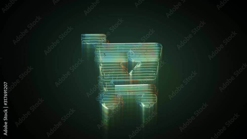 Poster 3d rendering glowing hologram of symbol of cart arrow down distorted glitch green old tv screen on b