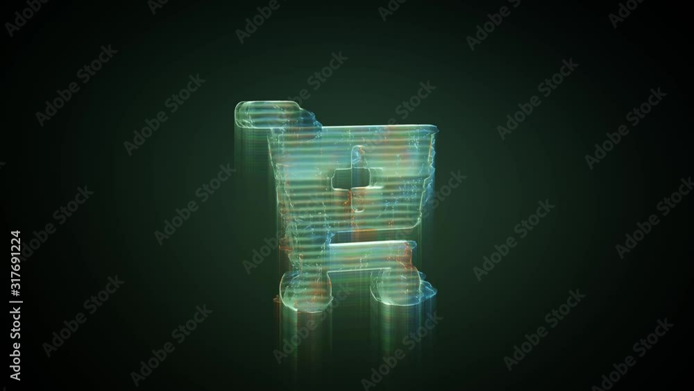 Poster 3d rendering glowing hologram of symbol of cart plus distorted glitch green old tv screen on black b
