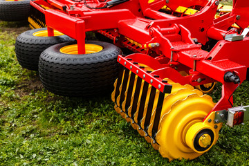 Working parts of new agricultural Harvester machine. Combine harvester agriculture machine.