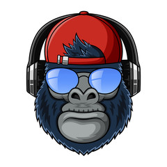  Cool Mascot gorillas with hat, glasses and headphone. Vector illustration