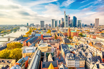 Frankfurt am Main financial business district. Panoramic aerial view cityscape skyline with skyscrapers in Frankfurt, Hessen. Germany - obrazy, fototapety, plakaty