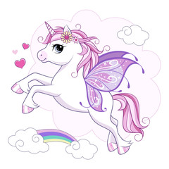 Cute little unicorn character with butterfly wings over pink cloud-shaped background with rainbow. Vector. © trikenirreligious
