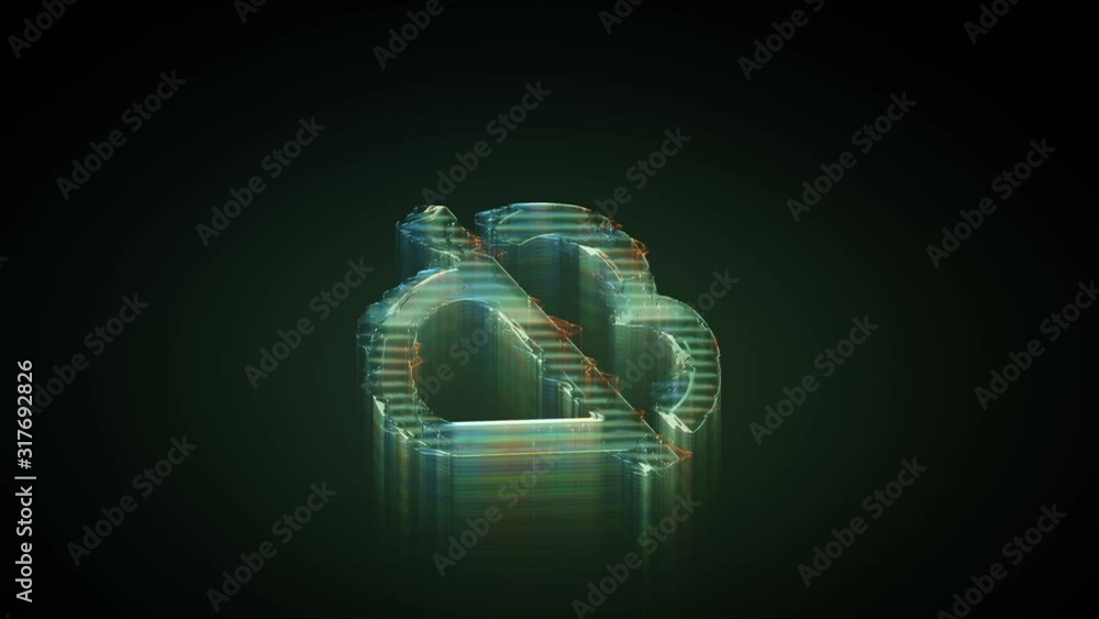 Poster 3d rendering glowing hologram of symbol of disable cloud distorted glitch green old tv screen on bla