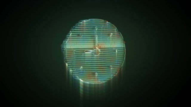 3d rendering glowing hologram of symbol of wall clock distorted glitch green old tv screen on black background