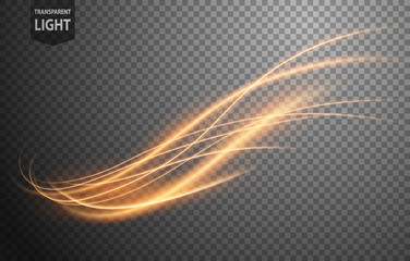 Abstract gold wavy line of light with a transparent background, isolated and easy to edit