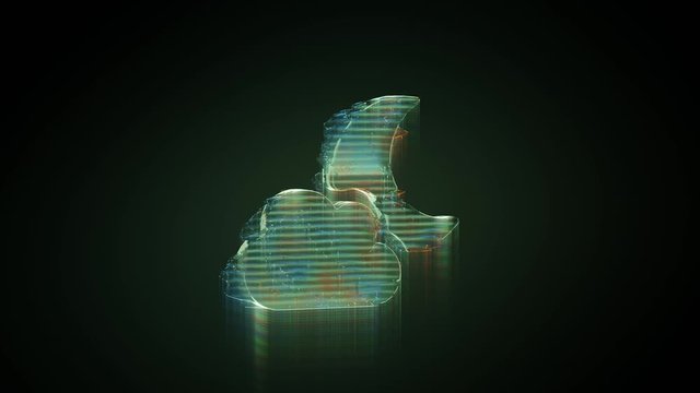 3d rendering glowing hologram of symbol of cloud partly covers moon distorted glitch green old tv screen on black background