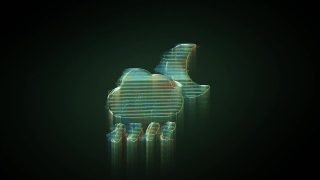 3d rendering glowing hologram of symbol of rainy cloud with partly covers moon distorted glitch green old tv screen on black background