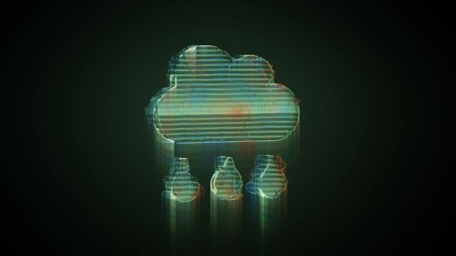 3d rendering glowing hologram of symbol of rain cloud with three drops distorted glitch green old tv screen on black background