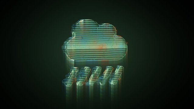 3d rendering glowing hologram of symbol of heavy rain cloud  distorted glitch green old tv screen on black background
