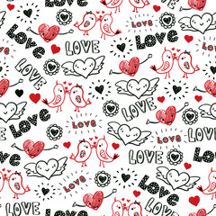 Cotton fabric Valentines day doodles seamless pattern. Kissing birds, flying hearts, Love scribbles in red and black. Repeating hand drawn background. Sketches of love symbols. For greeting card, fabric, wrapping