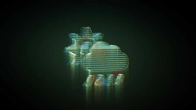 3d rendering glowing hologram of symbol of rainy cloud partly cover sun distorted glitch green old tv screen on black background