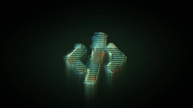 3d rendering glowing hologram of symbol of code tag distorted glitch green old tv screen on black background