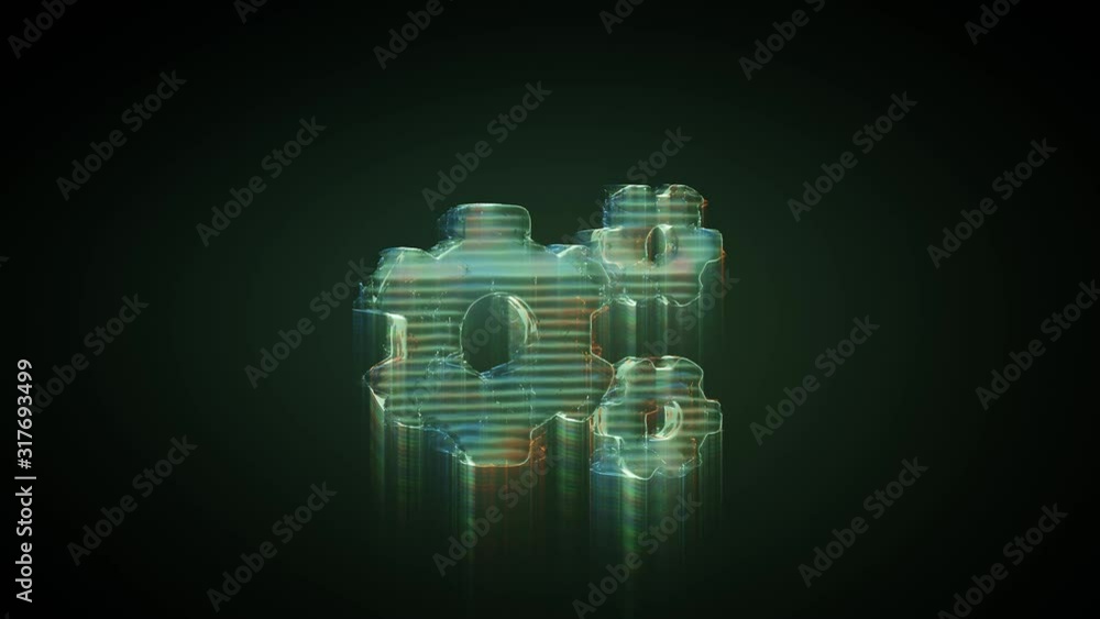 Poster 3d rendering glowing hologram of symbol of big cogwheel and two small cogwheels distorted glitch gre