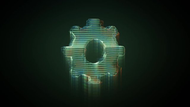 3d rendering glowing hologram of symbol of cogwheel distorted glitch green old tv screen on black background
