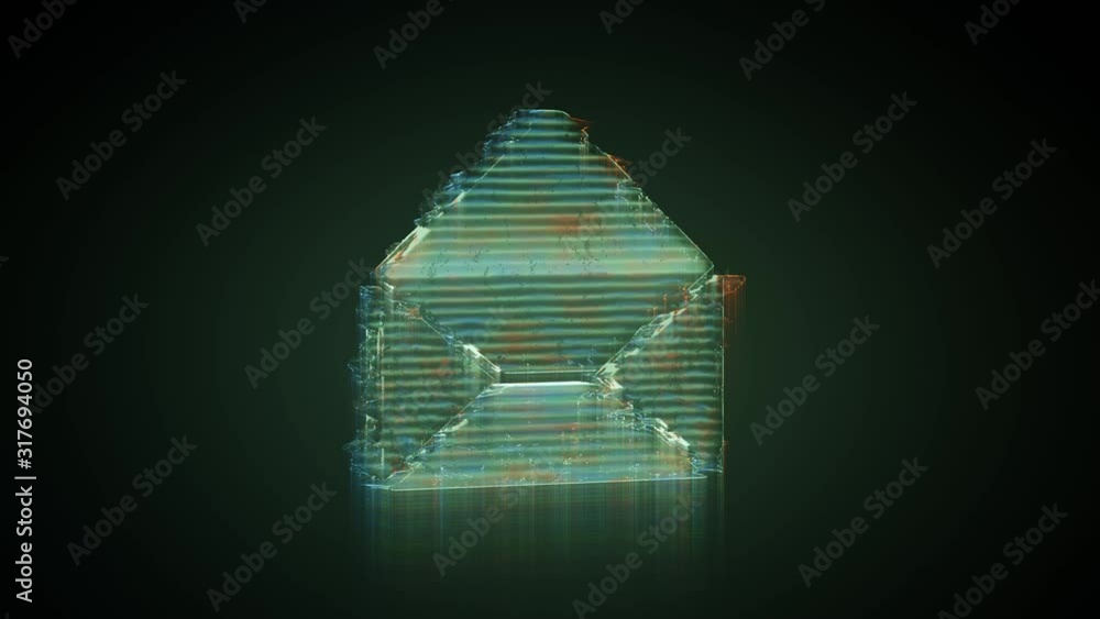 Poster 3d rendering glowing hologram of symbol of paper open envelope distorted glitch green old tv screen 