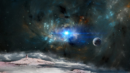 Space background. Astronaut standing on rock covered by clouds and fractal colorful nebula with planet. Elements furnished by NASA. 3D rendering