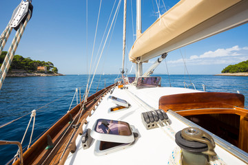 yacht bow in Mediterranean sea in the middle of the sunny summer day