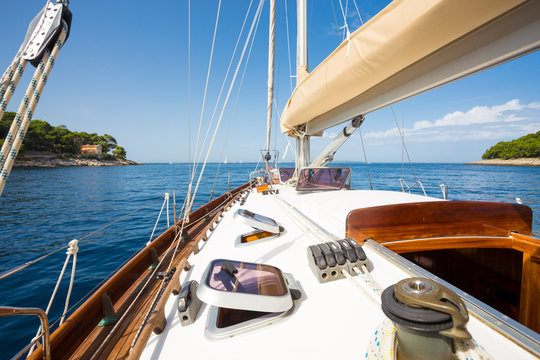 yacht bow in Mediterranean sea in the middle of the sunny summer day