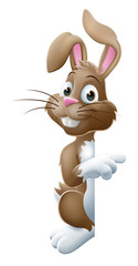 Easter bunny rabbit cartoon character peeking around a sign and pointing