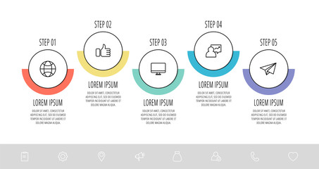 Vector flat template circle infographics. Business concept with 5 options and labels. Five steps for timeline, levels, marketing, presentation, graph, diagrams, slideshow