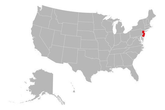 New jersey highlighted on USA political map. Gray background.