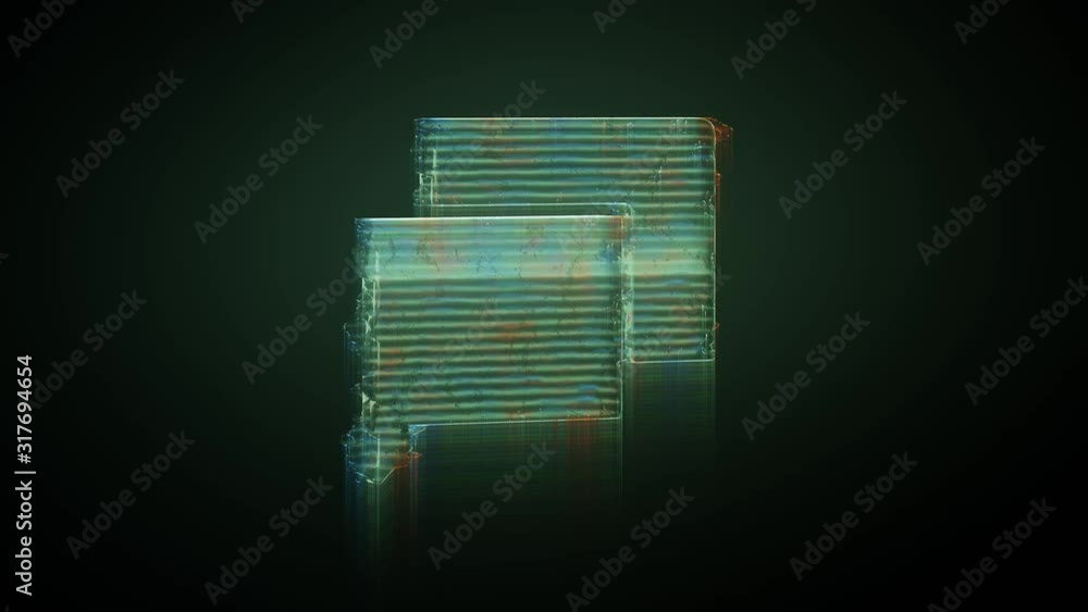 Poster 3d rendering glowing hologram of symbol of two rectangular chat bubbles distorted glitch green old t