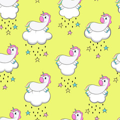 Seamless pattern with cute unicorns, stars, cloudy, doodle abstractions. Magic endless background with little unicorns.Print for fabric, wallpaper, wrapping paper, textile, bedding, t-shirt