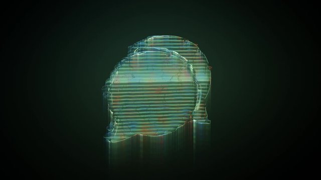 3d rendering glowing hologram of symbol of communication chat 14 distorted glitch green old tv screen on black background
